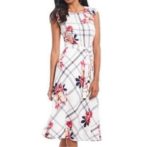 Joules Lucinda Sleeveless White Floral Plaid Midi Dress with Waist Tie